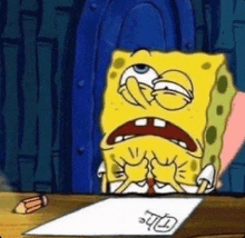 spongebob is sitting at a desk with a pencil and a piece of paper .