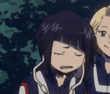 a cartoon character is eating a piece of food while another character looks on .
