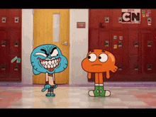 two cartoon characters , gumball and darwin , are standing next to each other in a hallway .