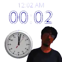 a man with glasses stands next to a clock that says 12:02 am