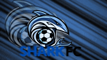 a shark with a soccer ball in its mouth and the word shark fc written below it