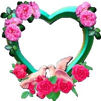 a green heart shaped frame with pink roses and two birds