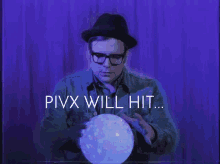 a man in a hat and glasses is holding a ball and the words pivx will hit