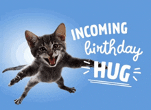 a cat is jumping in the air with the words " incoming birthday hug "