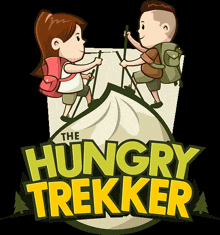 a logo for the hungry trekker shows a boy and a girl hiking on a mountain