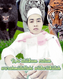 a man sitting in front of two tigers with the words wa ' alakum salam warahmatullahi wabarakatuh