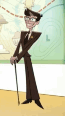 a cartoon man in a suit and tie is standing with a cane .