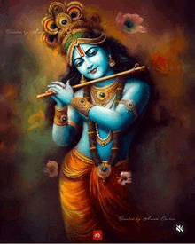 a painting of krishna playing a flute in a crown .