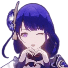 a girl with purple hair and purple eyes is making a heart with her hands .