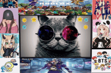 a collage of images including one of a cat wearing sunglasses and the word roblox