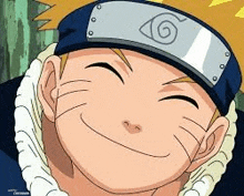 naruto is smiling and wearing a headband with a spiral on it .