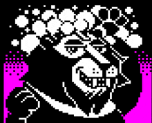 a black and white pixel art of a skeleton with a crown of flowers on its head .