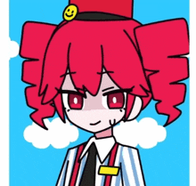 a cartoon of a girl with red hair and a smiley face on her hat