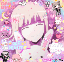 a pixel art of a girl holding a bunny with the words good night written on it