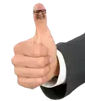 a hand in a suit is giving a thumbs up with a face on it