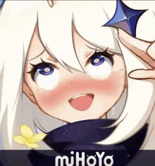 a cartoon girl with white hair and blue eyes is making a funny face with her mouth open .