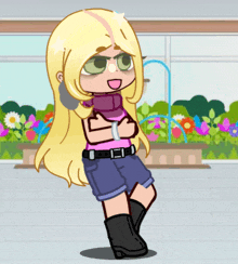 a cartoon girl with blonde hair is standing in front of a flower garden