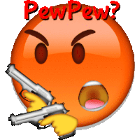 an orange smiley face with two guns pointing at it and the words pew pew written above it