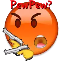 an orange smiley face with two guns pointing at it and the words pew pew written above it