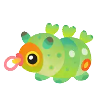 a cartoon drawing of a colorful caterpillar with hearts on its feet