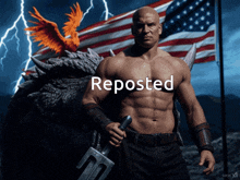 a bald man holding a sword in front of an american flag with the word reposted on the bottom