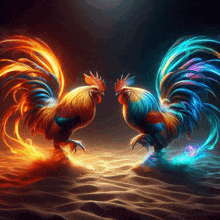 two colorful roosters are standing next to each other in the desert