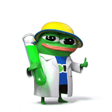 a green frog in a lab coat is holding a green test tube