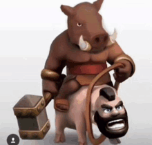 a man with a beard is riding on the back of a pig .