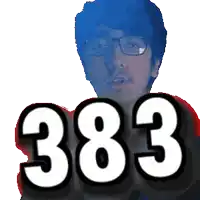 a man wearing glasses stands in front of a sign that says 383
