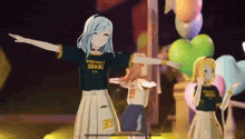 three anime girls are dancing in front of balloons and a sign that says sekai