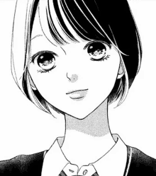 it is a black and white drawing of a girl with short hair and big eyes .