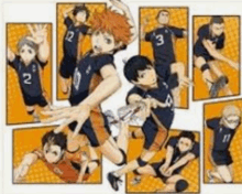 a group of volleyball players are jumping in the air in a collage .