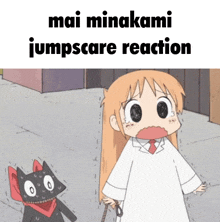 a cartoon of a girl standing next to a black cat with the words " mai minakami jumpscare reaction " above her