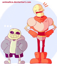 papyrus and sans from undertale are standing next to each other and smiling .