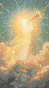 a painting of a person blowing a trumpet with the sun behind them