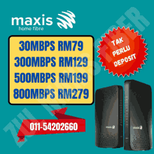 an advertisement for maxis home fibre shows two black boxes on a blue background