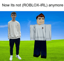 a boy in a white sweater is next to a roblox character