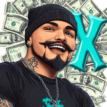 a man with a beard is smiling in front of a pile of money with the letter x behind him