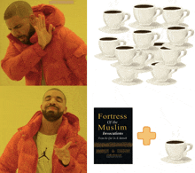 a book titled fortress of the muslim invocations is next to a stack of coffee cups