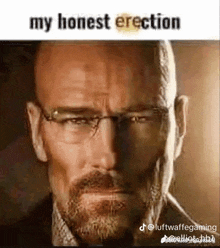 a man with glasses and a beard is looking at the camera with the words `` my honest erection '' written above him .