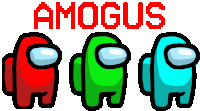 red green and blue among us characters on a white background with the word amogus above them