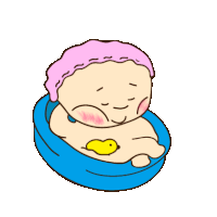 a cartoon drawing of a baby with a pink hat and a yellow duck