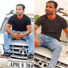 a man sitting on the hood of a car with a license plate that says ap01 s 3846