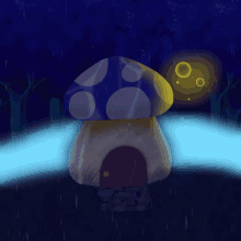 a drawing of a mushroom house in a dark forest at night