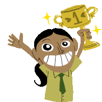 a cartoon drawing of a girl holding a trophy with the number 1 on it