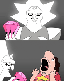 a cartoon of steven holding a pink diamond and a white diamond