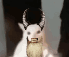 a bearded man with horns on his head looks at a white cat behind him