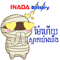 a cartoon of a mummy with hearts in his eyes and the words inada battery below