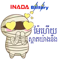 a cartoon of a mummy with hearts in his eyes and the words inada battery below