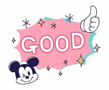 a sticker of mickey mouse giving a thumbs up and the word good .